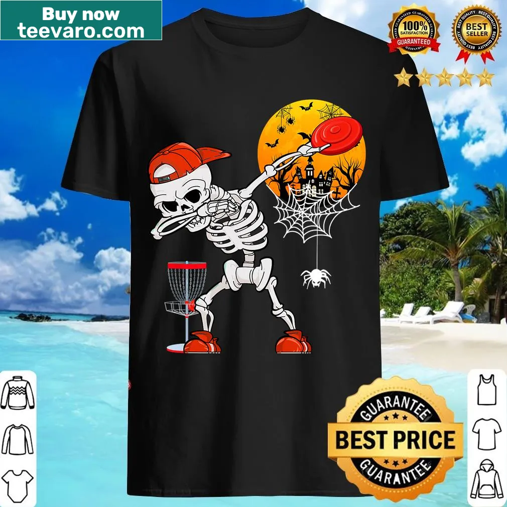 Illustrative Halloween T-shirt with a dabbing skeleton playing disc golf — on a men's t-shirt