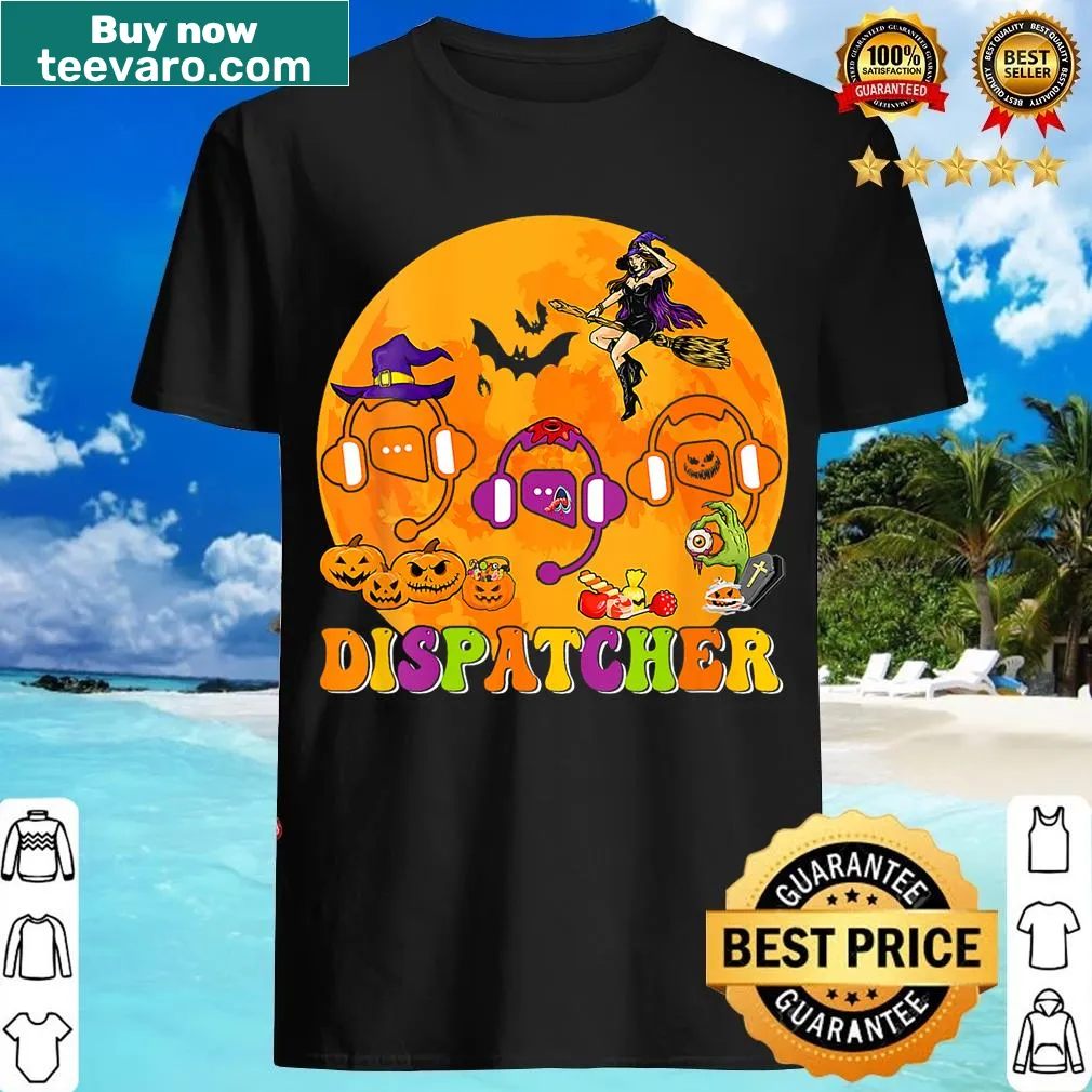 Cartoon T-shirt featuring dispatcher tools and witch horror theme for Halloween — on a men's t-shirt