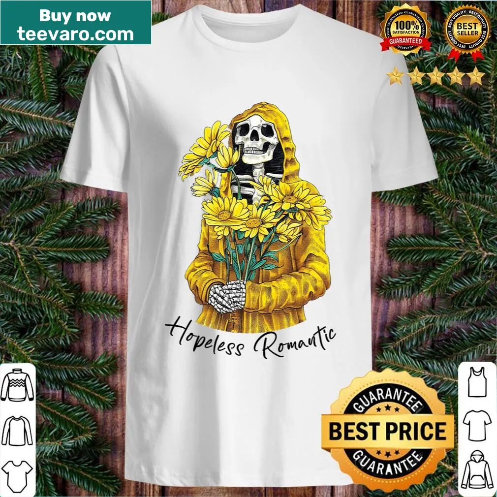 Skeleton holding sunflowers design on Halloween-themed shirt — on a men's t-shirt