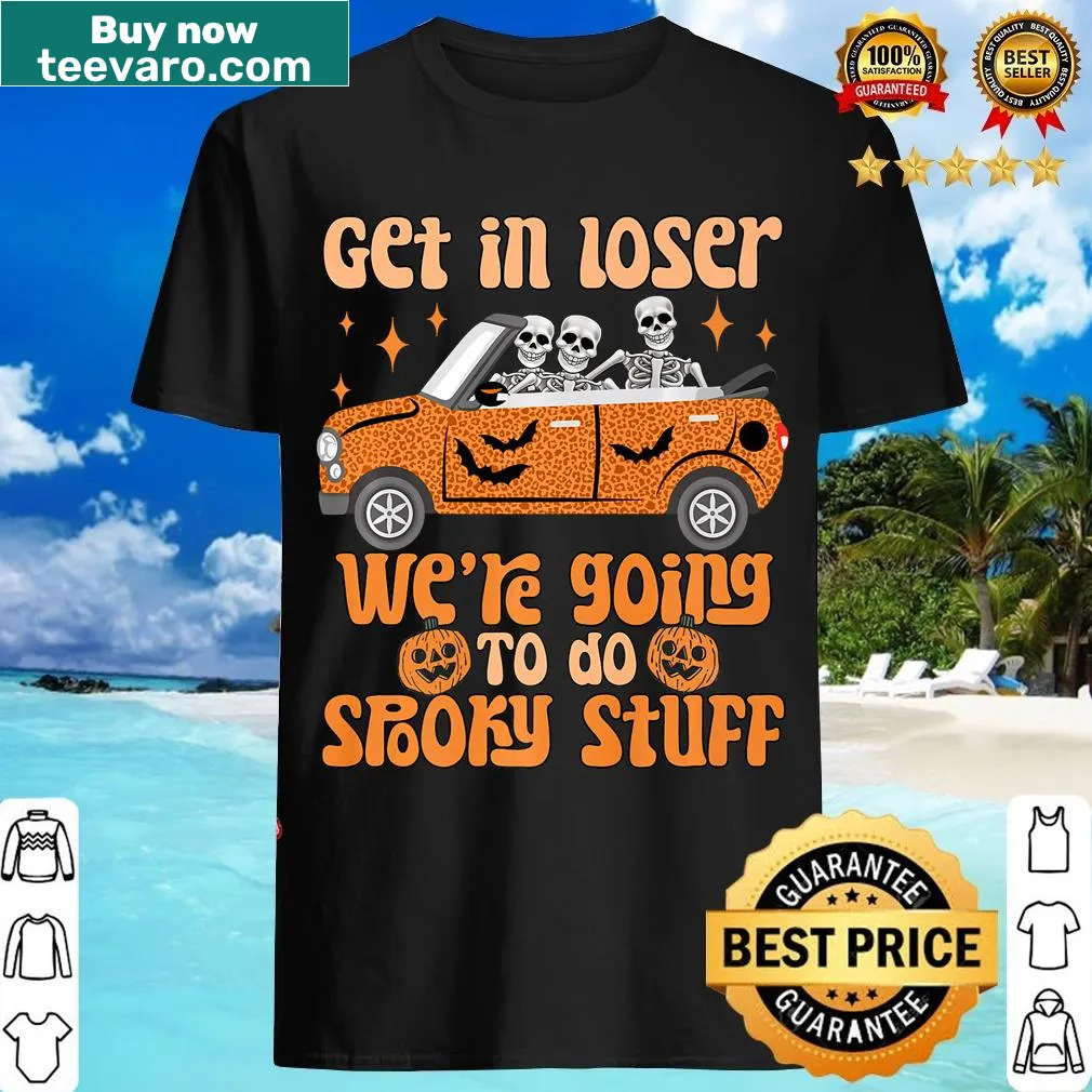 Funny skeleton car graphic Halloween t-shirt — on a men's t-shirt