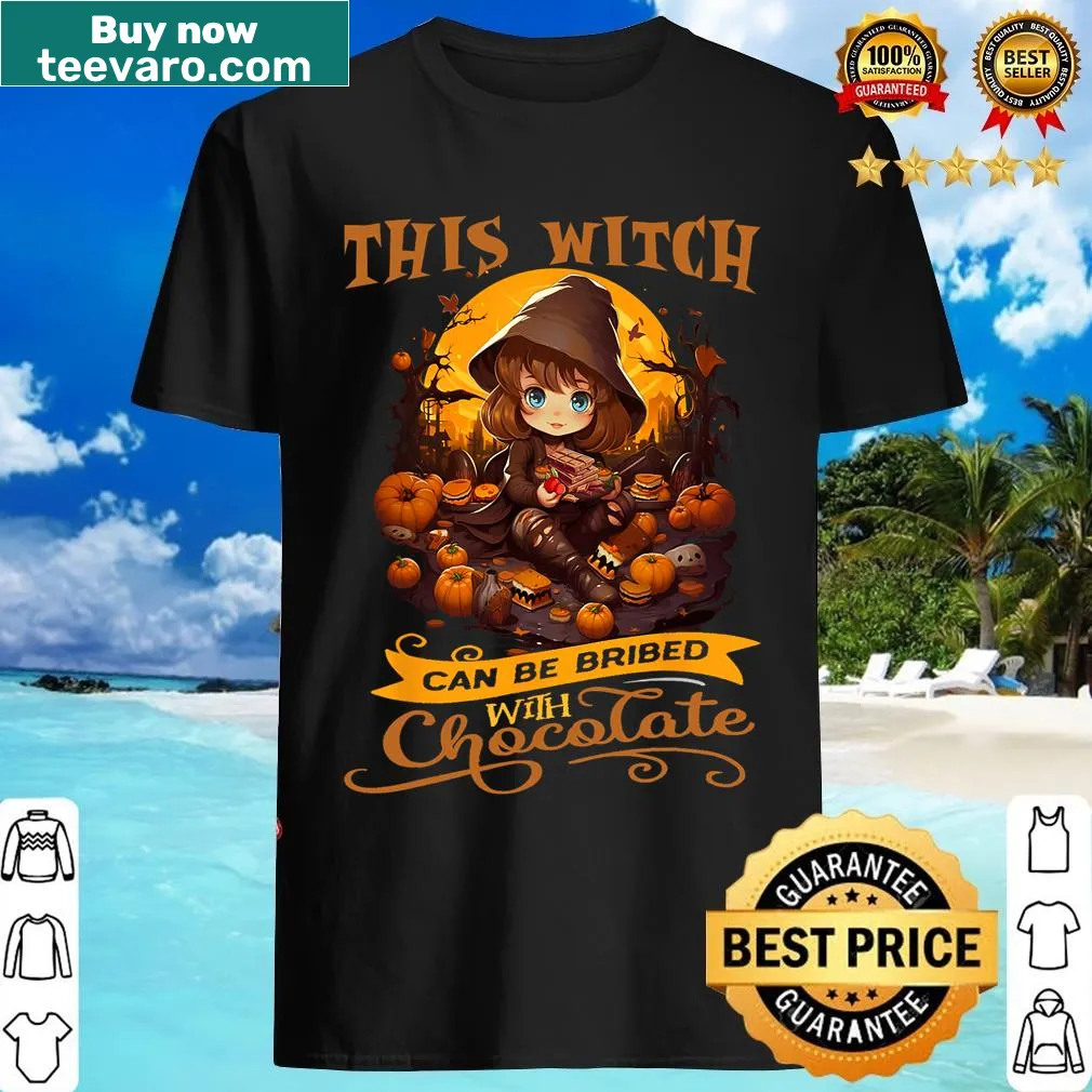 Funny Halloween shirt with a witch and chocolate bribe phrase — on a men's t-shirt
