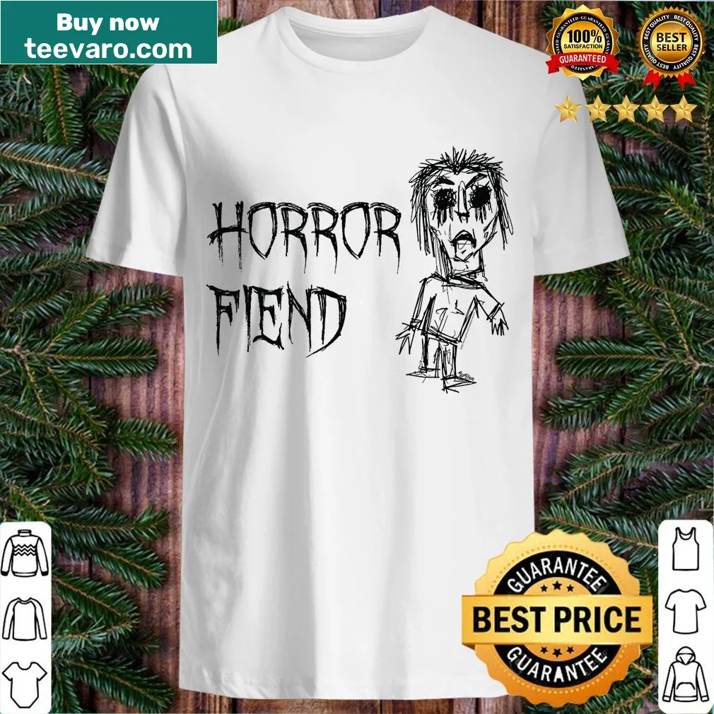 Horror Fiend T-shirt with graphic design of horror-themed words — on a men's t-shirt