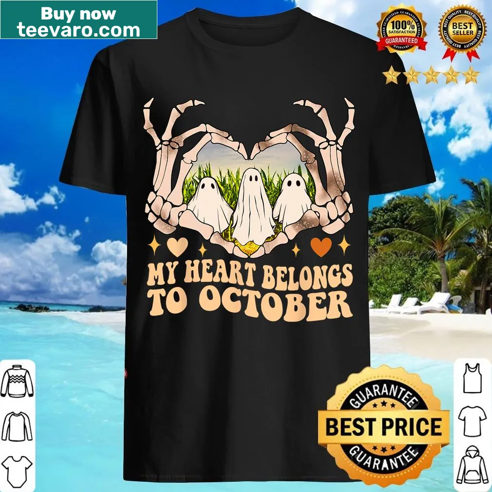 Cute ghost and pumpkin t-shirt celebrating October — on a men's t-shirt
