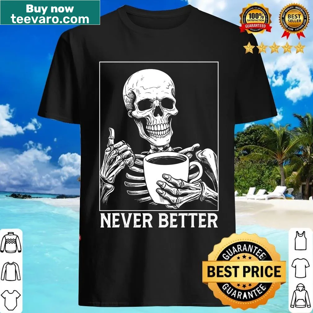 Skeleton drinking coffee on a Halloween-themed shirt — on a men's t-shirt