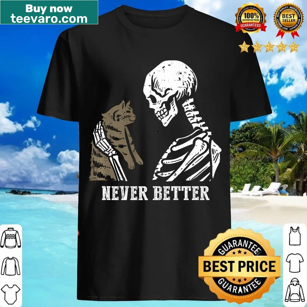 Skeleton holding a cat graphic on a funny Halloween t-shirt — on a men's t-shirt
