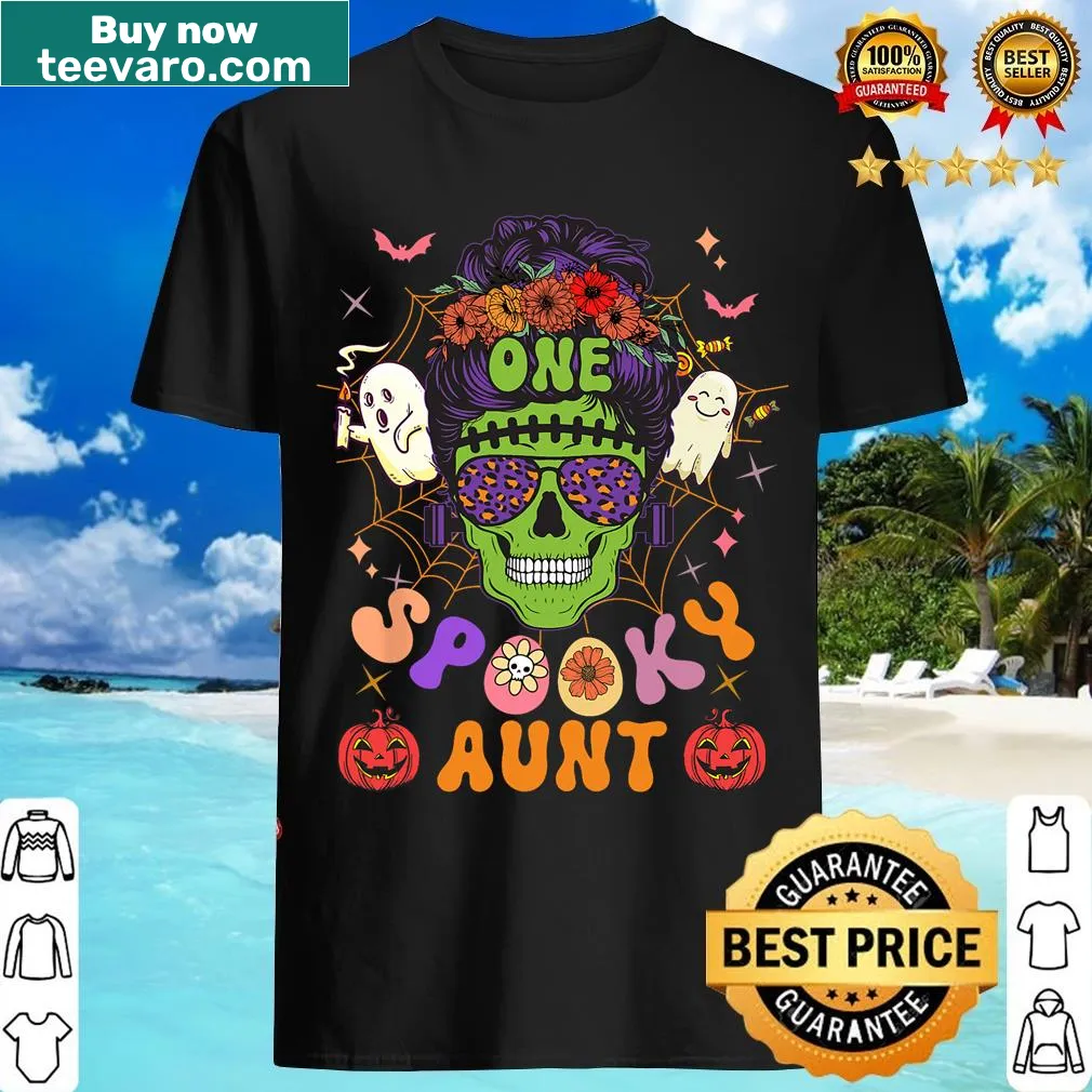 Cartoon spooky aunt wearing sunglasses graphic on a t-shirt — on a men's t-shirt