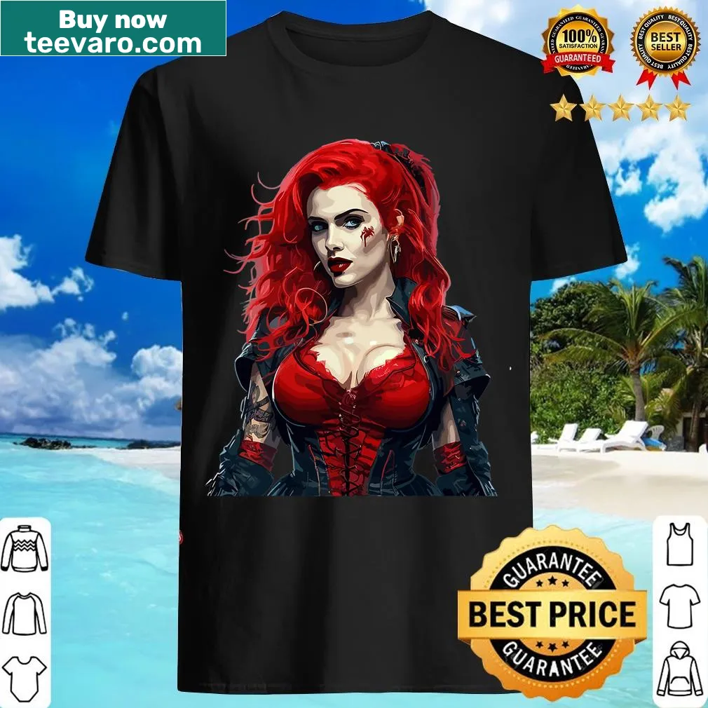 Illustration of a redheaded female vampire on a Halloween T-shirt — on a men's t-shirt