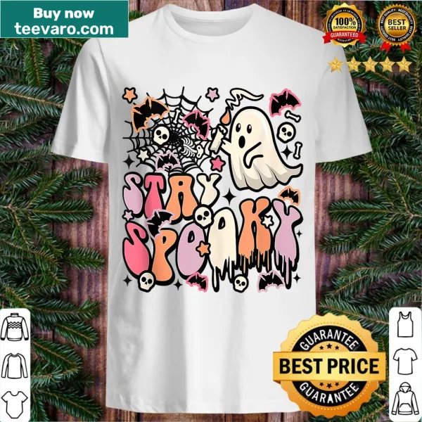 Cute retro cartoon ghost Halloween T-shirt with 'Stay Spooky' text