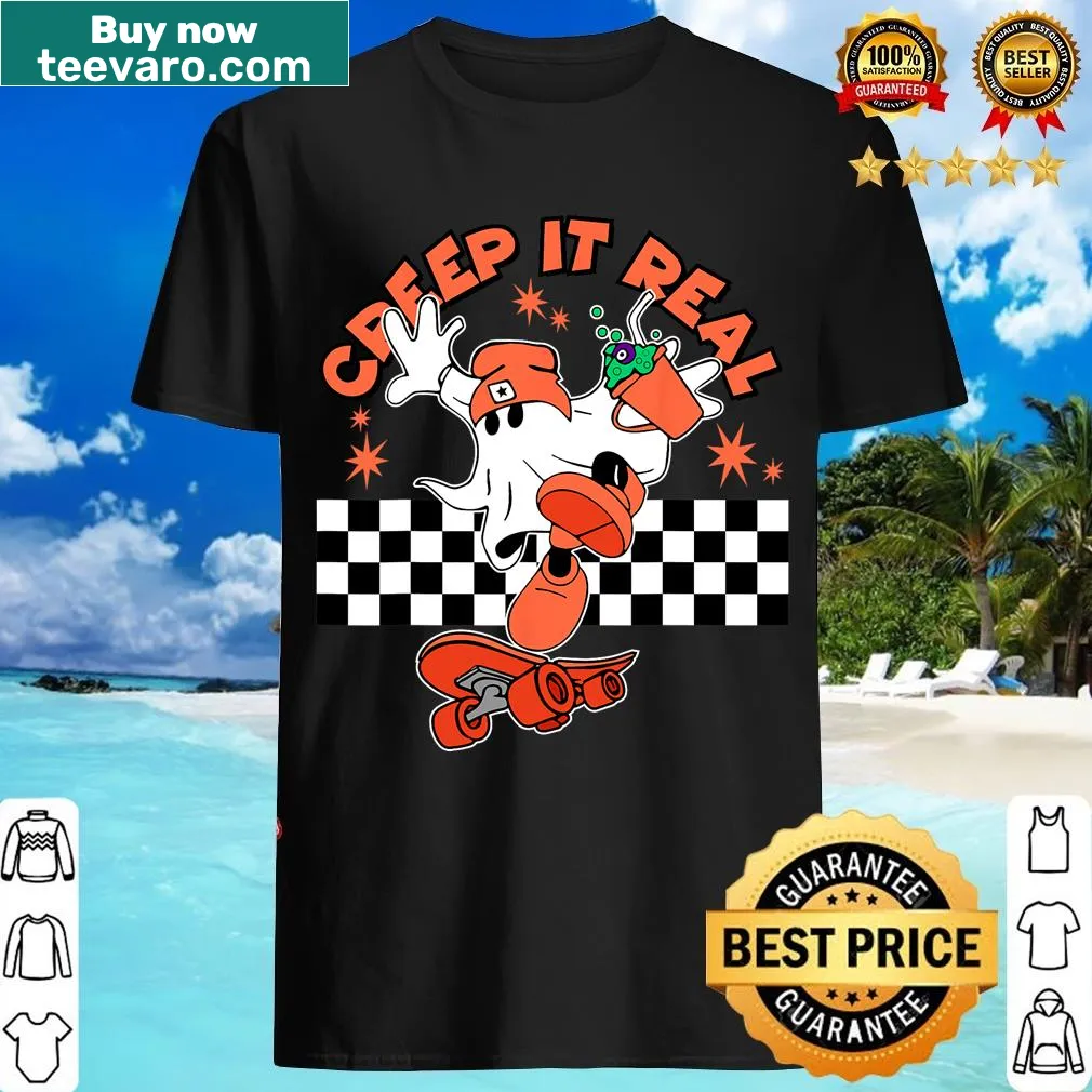 Retro ghost design on a Halloween-themed T-shirt for kids — on a men's t-shirt