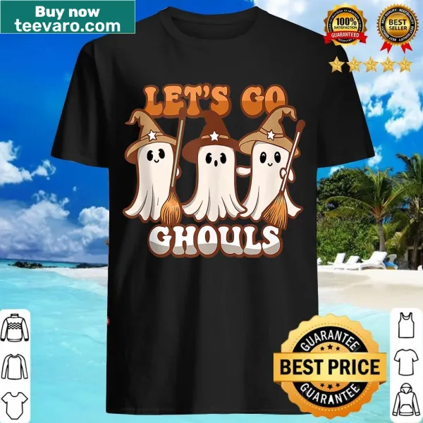 Colorful Halloween T-shirt with ghost, pumpkin, and 'Lets Go Ghouls' text