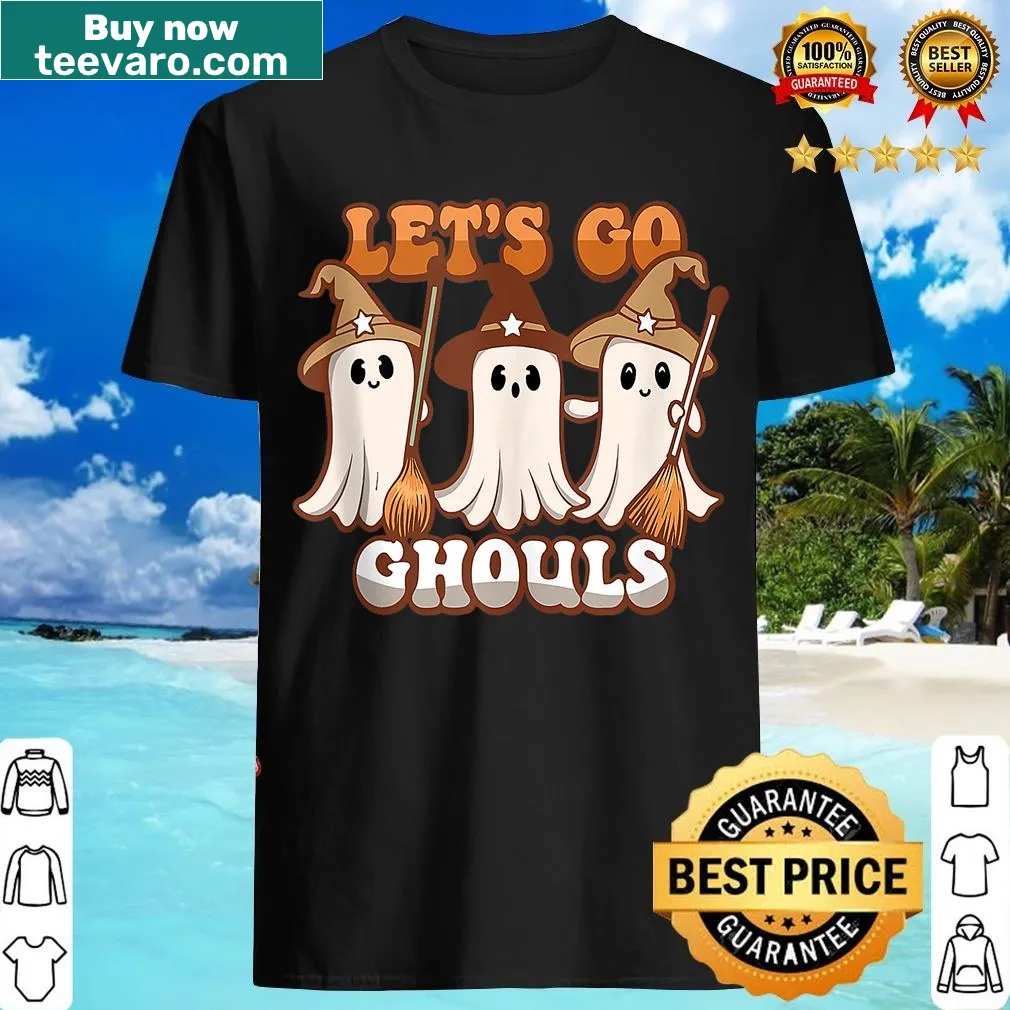 Colorful Halloween T-shirt with ghost, pumpkin, and 'Lets Go Ghouls' text — on a men's t-shirt