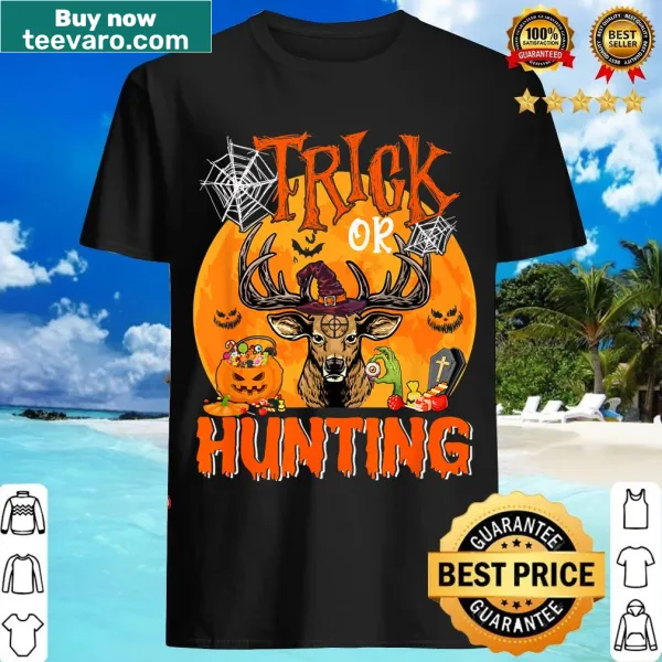 Trick Or Hunting Halloween graphic t-shirt with witch's hat