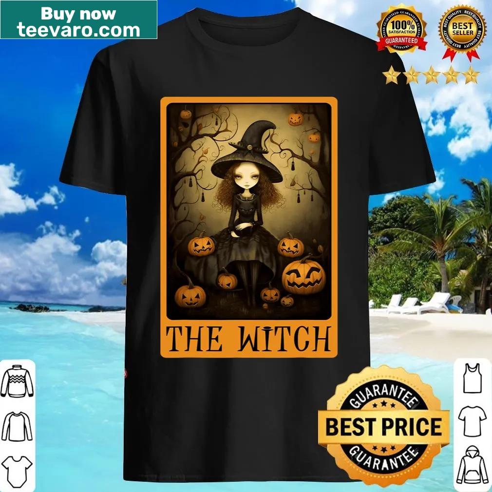 Vintage-style T-shirt featuring a cute witch with a black cat — on a men's t-shirt