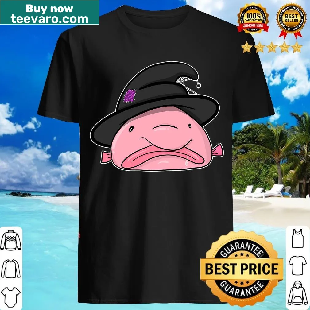 Funny Halloween T-shirt featuring a blobfish in a witch hat and a spider — on a men's t-shirt