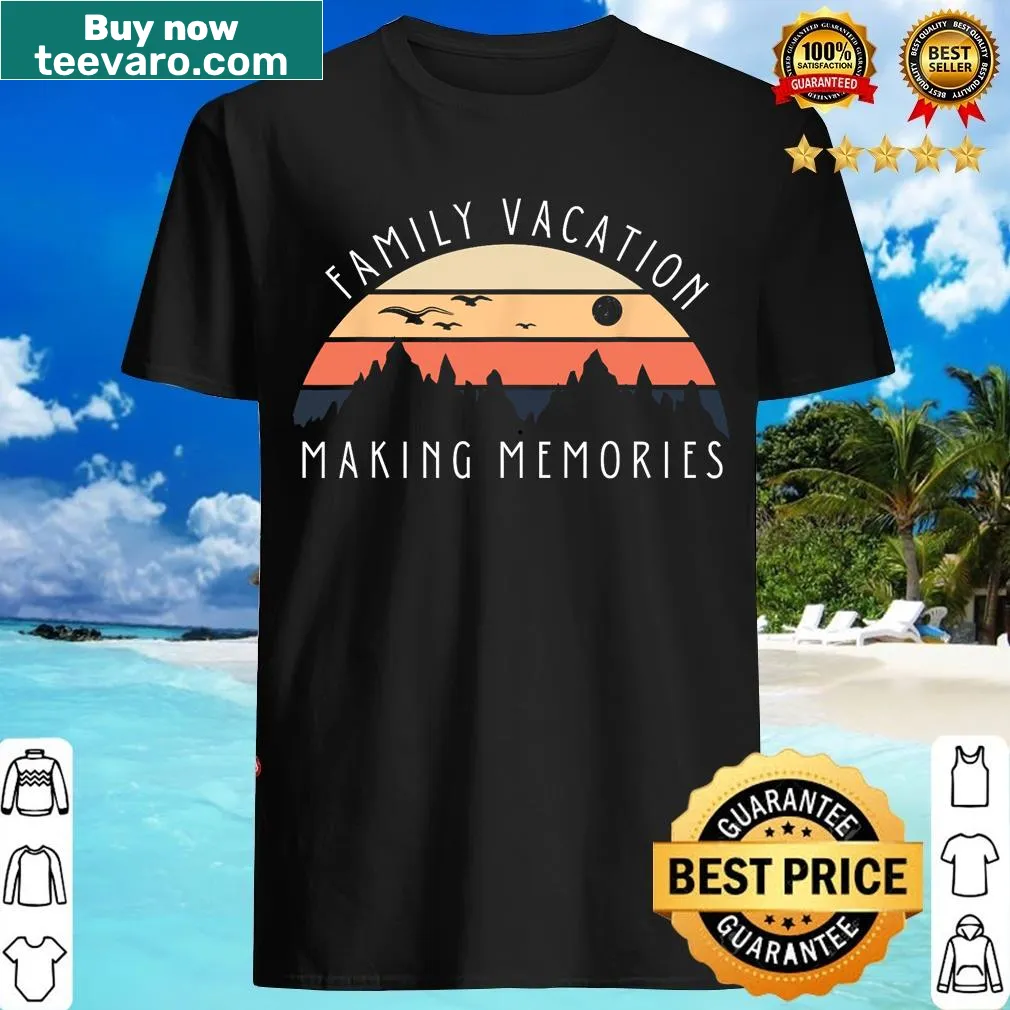 Matching family vacation t-shirt featuring mountains and summer trip text. — on a men's t-shirt