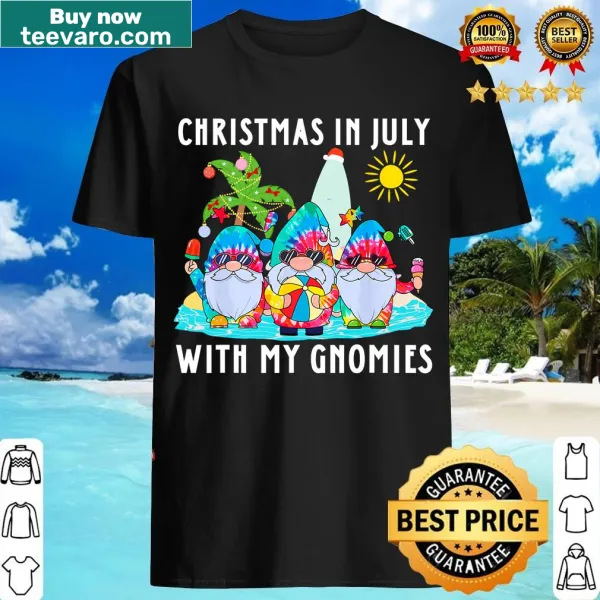 T-shirt featuring funny summer-themed gnomes for Christmas in July.