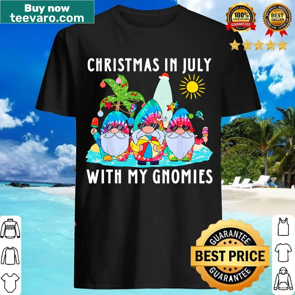 T-shirt featuring funny summer-themed gnomes for Christmas in July. — on a men's t-shirt