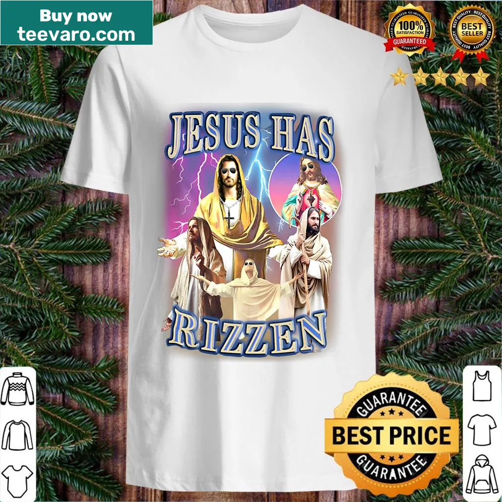 Funny t-shirt featuring the phrase 'Jesus Has Rizzen' in bold typography. — on a men's t-shirt