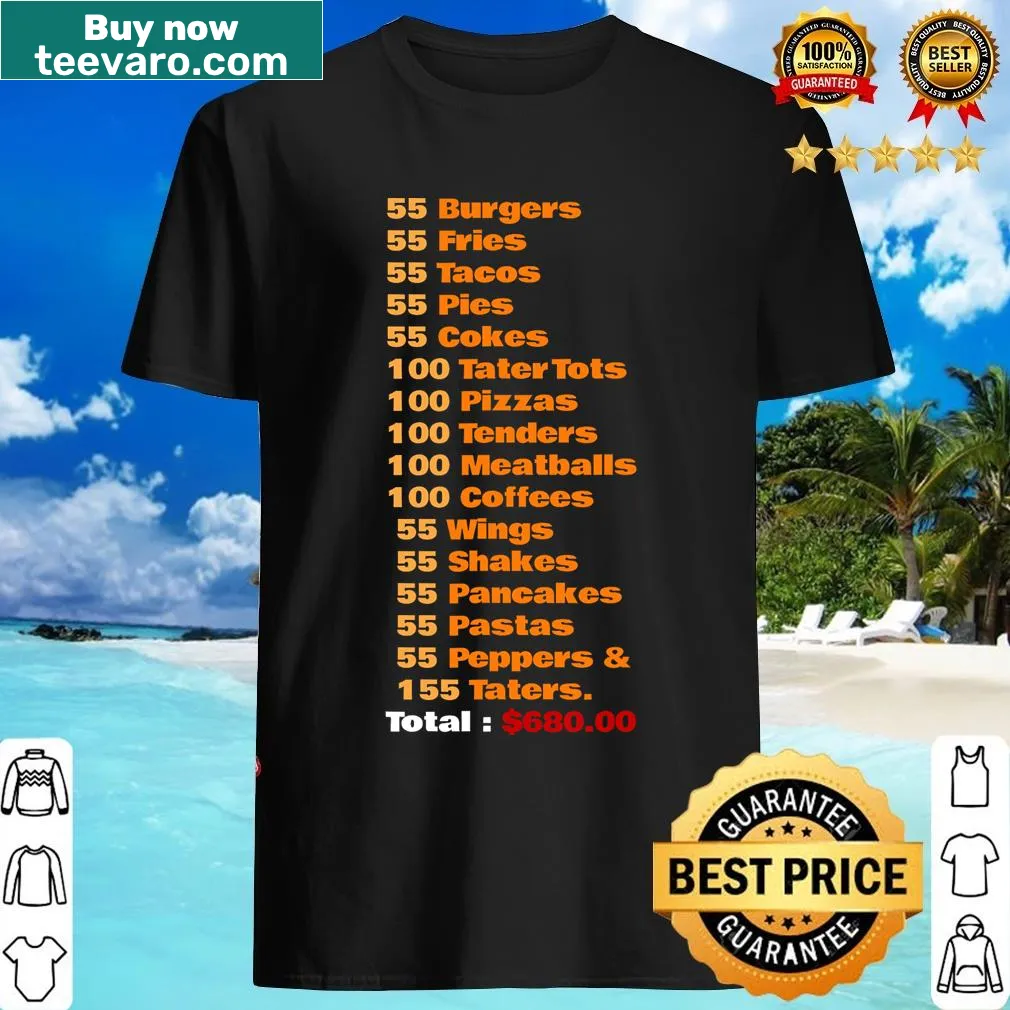 Funny t-shirt with text about burgers, shakes, and fries — on a men's t-shirt