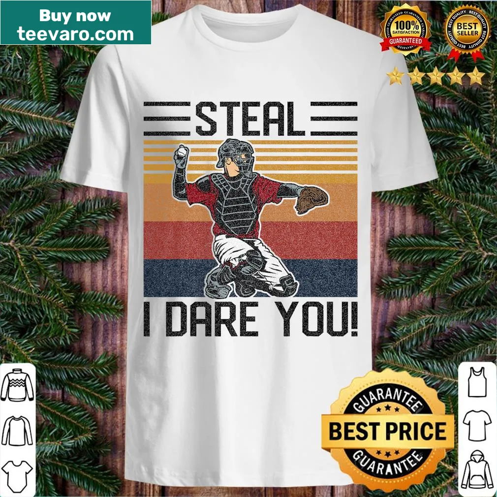 Vintage baseball t-shirt with a humorous 'Steal I Dare You' message — on a men's t-shirt