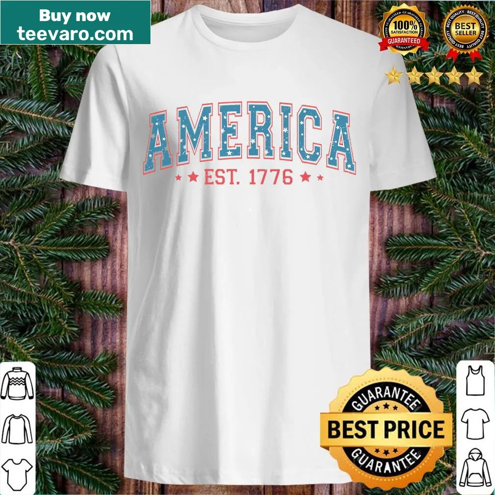 Retro t-shirt featuring the USA flag and 'America Est 1776' text — on a men's t-shirt