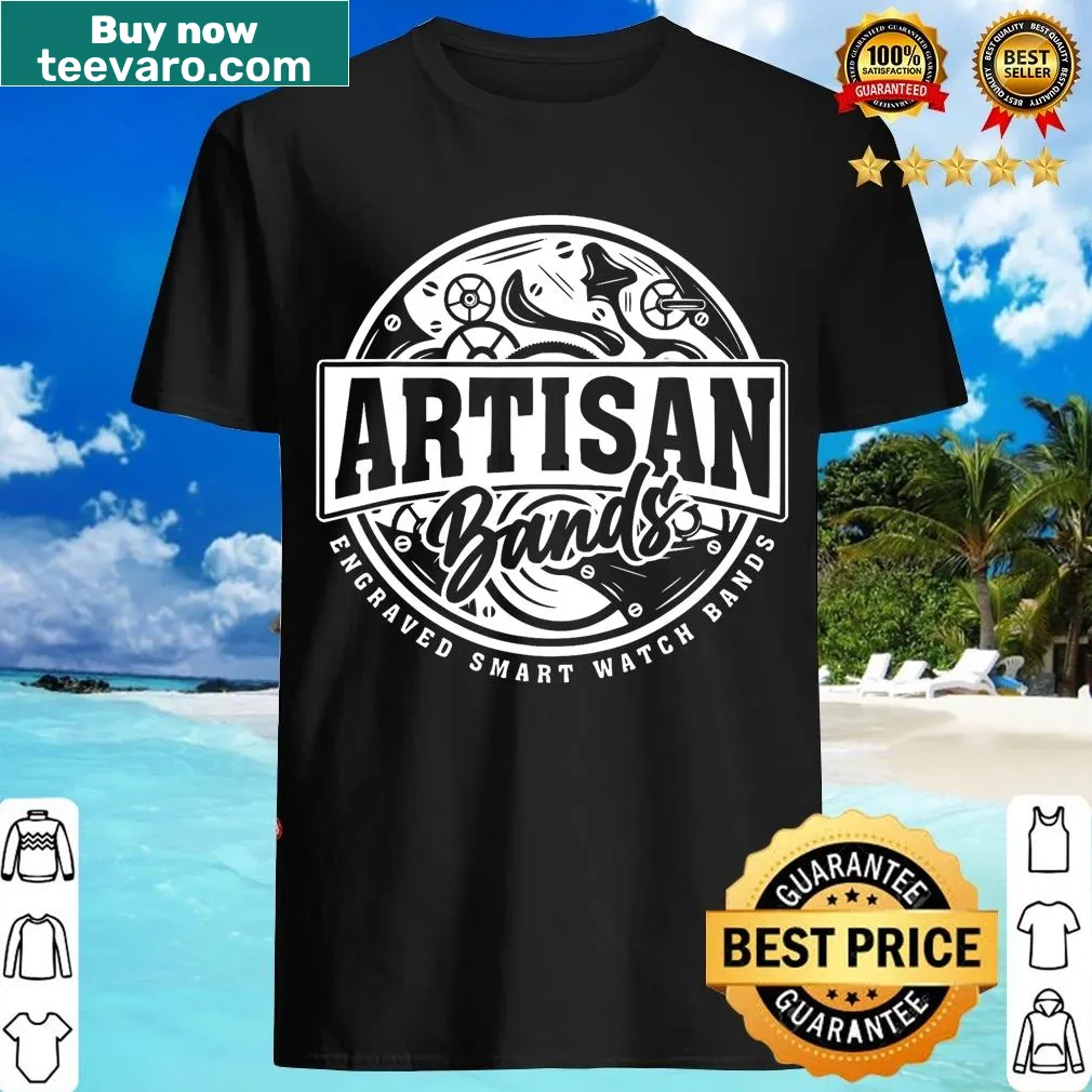 T-shirt featuring the Artisan Bands laser engraver company logo — on a men's t-shirt