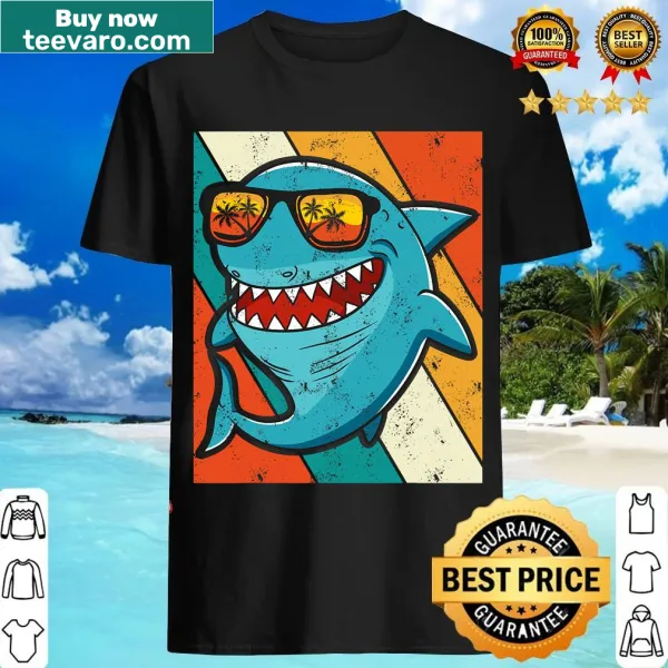 Cartoon shark wearing sunglasses in a vintage style for summer fun.