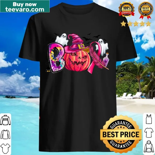 Halloween-themed T-shirt featuring a ghost, pumpkin, and pink ribbon for breast cancer awareness.