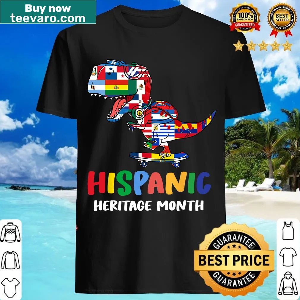 T-shirt with a T-Rex design celebrating Hispanic Heritage Month for kids — on a men's t-shirt