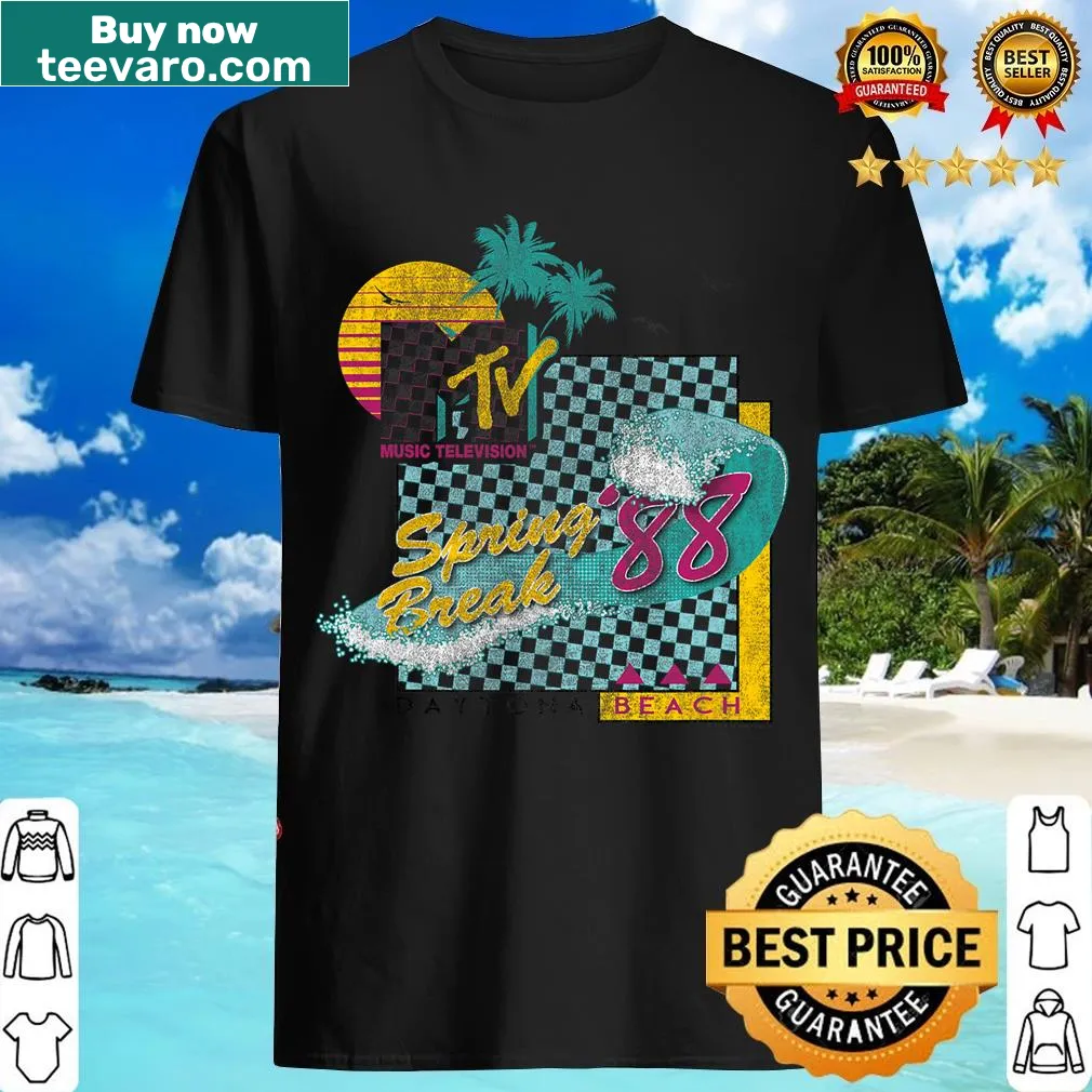 Vintage MTV Spring Break 88 surf graphic t-shirt — on a men's t-shirt