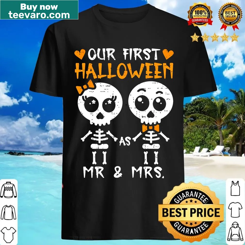 Skeleton design couple's T-shirt for first Halloween together — on a men's t-shirt