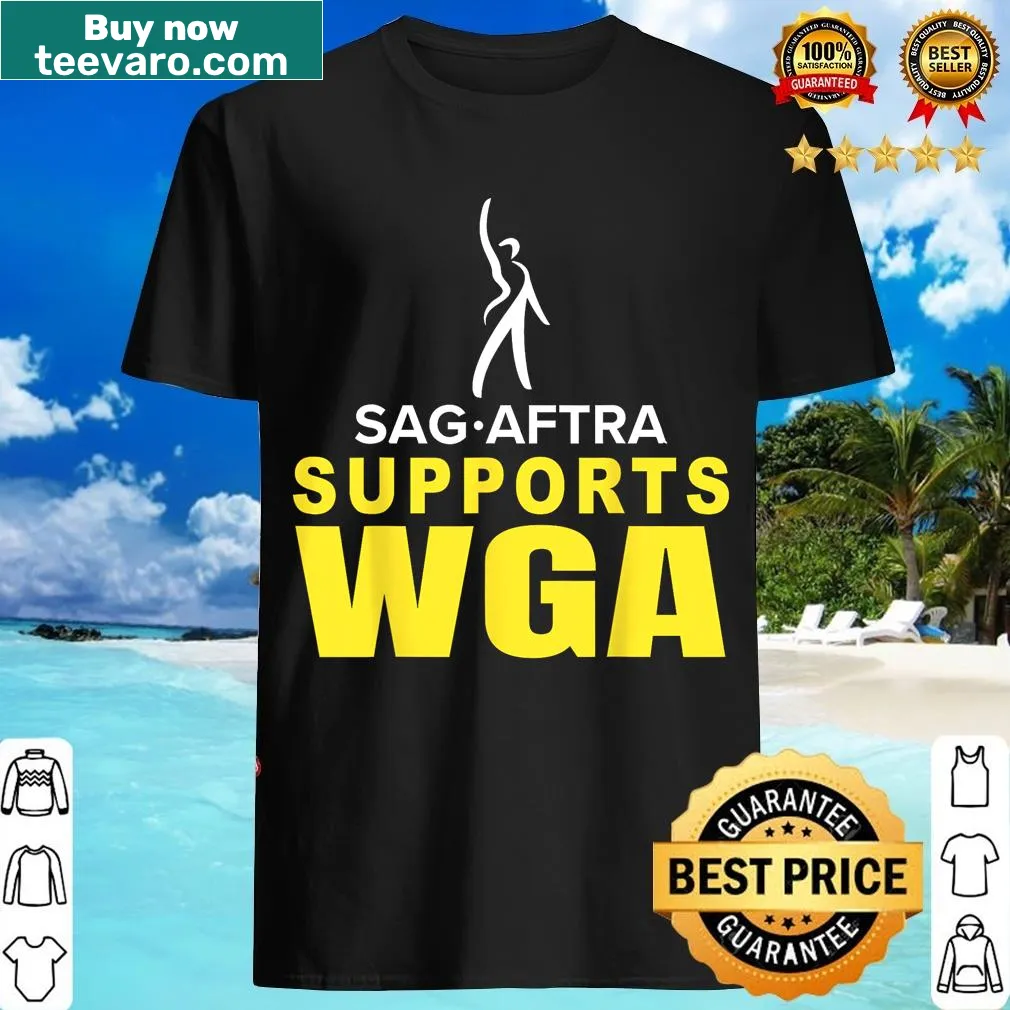 Vintage T-shirt with 'Sag Aftra Support WGA' text — on a men's t-shirt