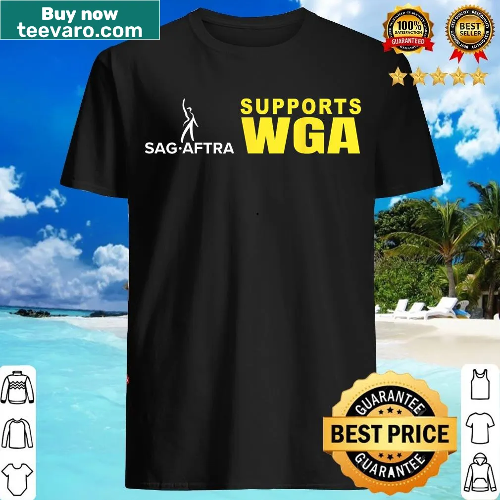 Text 'Sagaftra Supports WGA Stand With Sagaftra' on a T-shirt — on a men's t-shirt