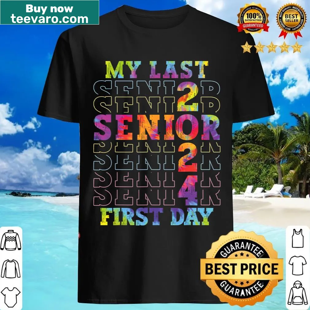 Tie-dye T-shirt with 'My Last First Day Of School 2023' text — on a men's t-shirt