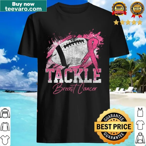Pink ribbon and tackle cancer slogan graphic t-shirt