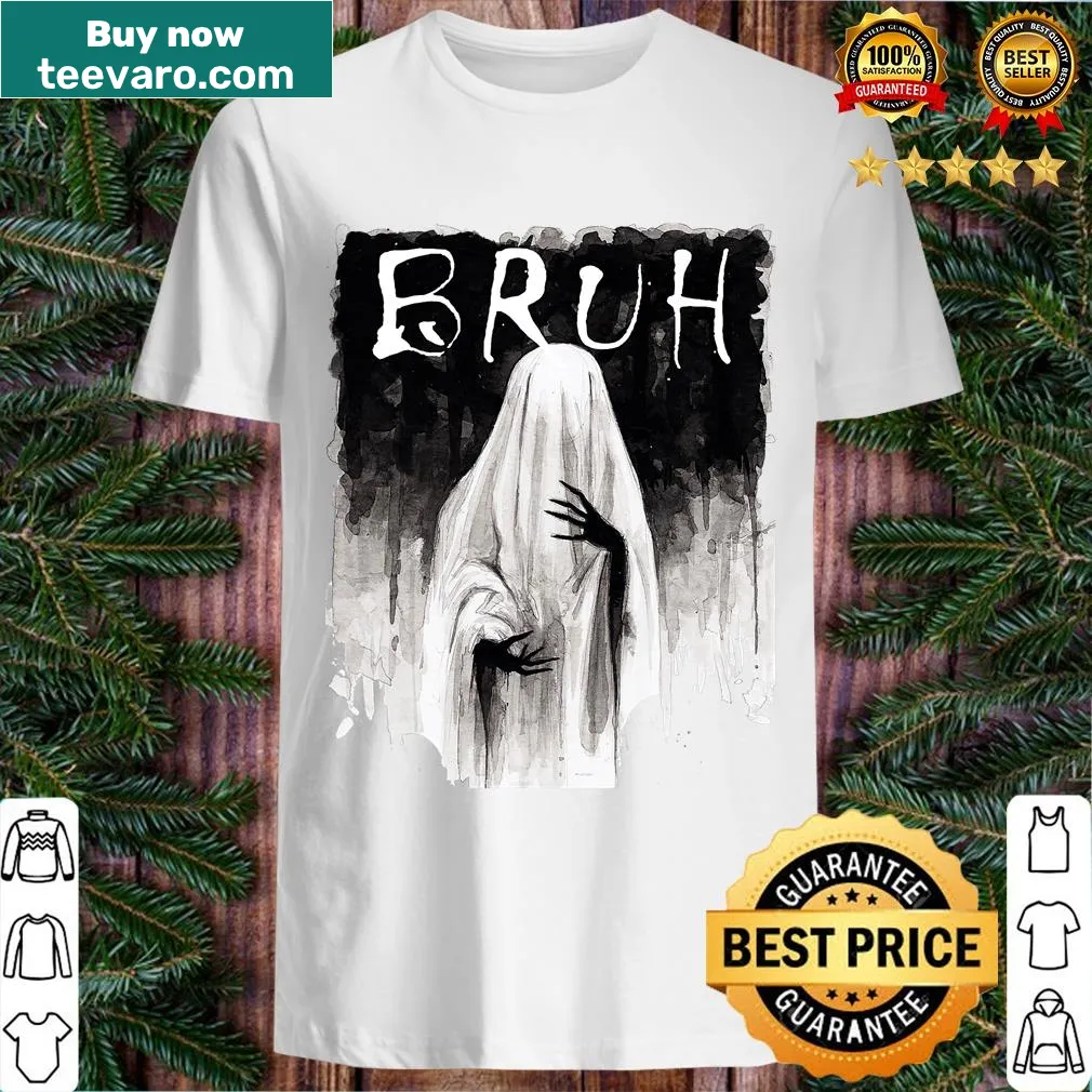 Cartoon ghost t-shirt with the word 'Bruh' in a Halloween theme — on a men's t-shirt