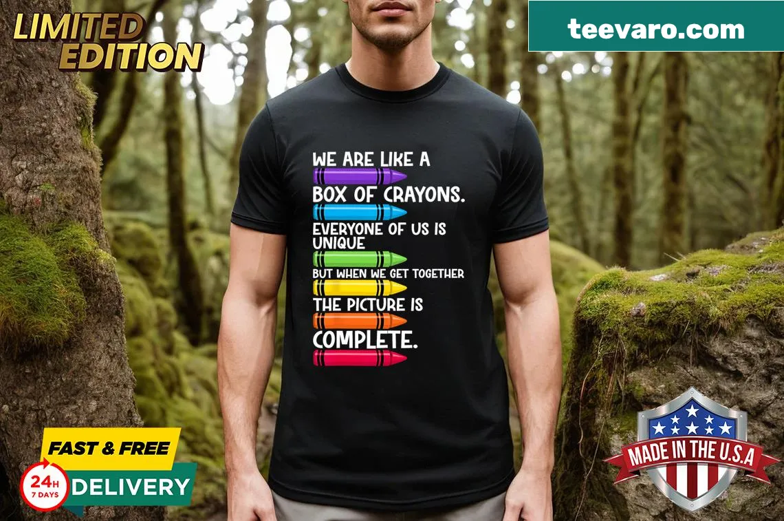 Back to school teacher t-shirt with a crayon box saying — on a men's t-shirt
