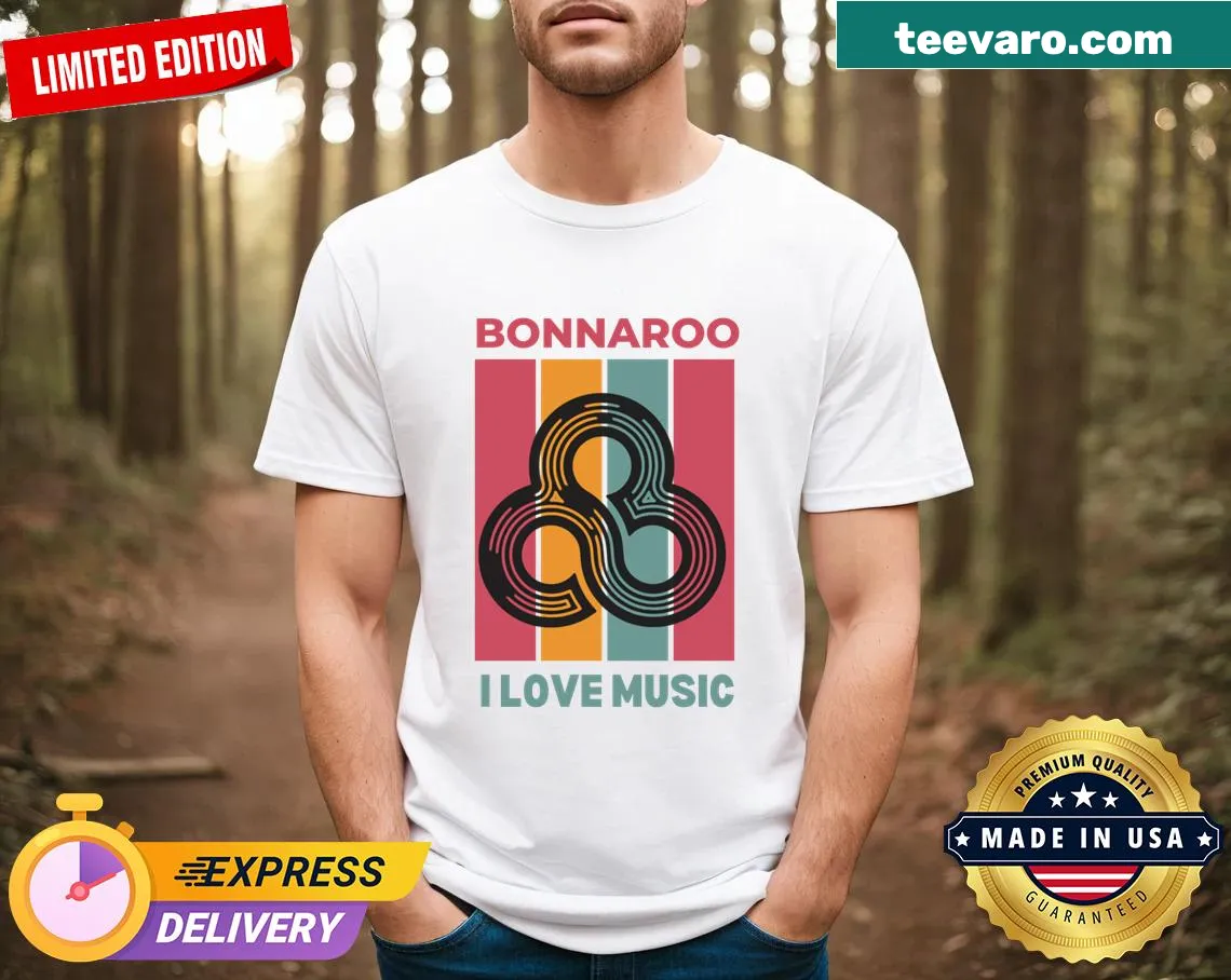 Typography graphic declaring I Love Music for Bonnaroo Festival — on a men's t-shirt