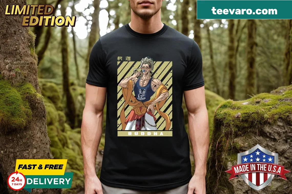 Buddha illustration on T-shirt inspired by Record of Ragnarok — on a men's t-shirt