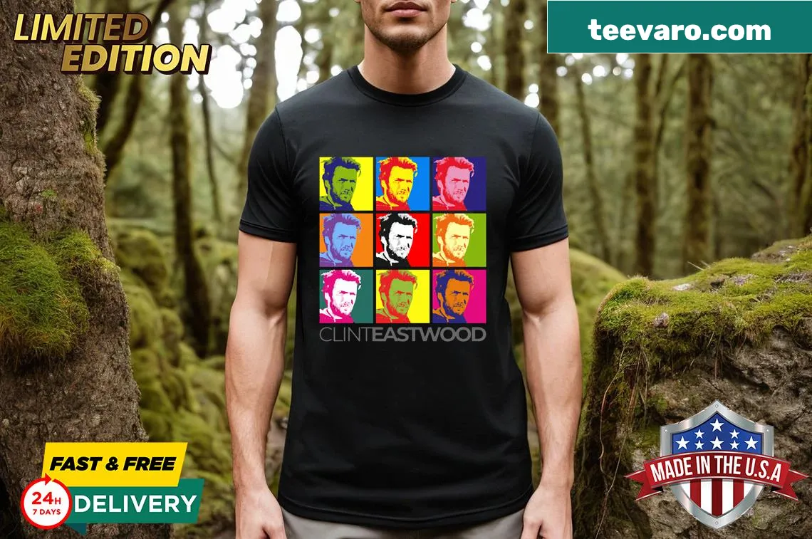 Pop art style portrait of Clint Eastwood on a t-shirt — on a men's t-shirt