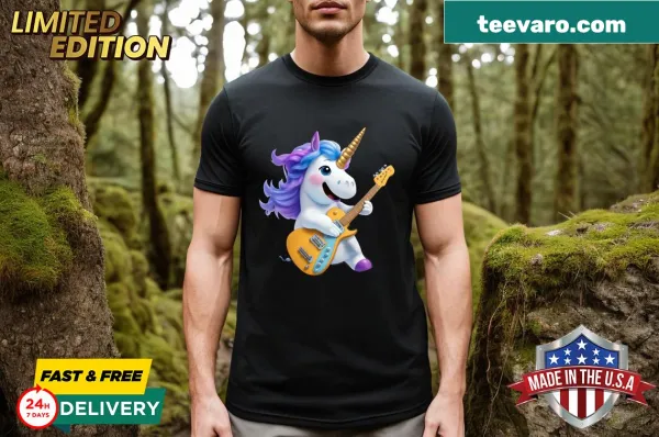 Cartoon unicorn playing guitar on a cute music-themed t-shirt
