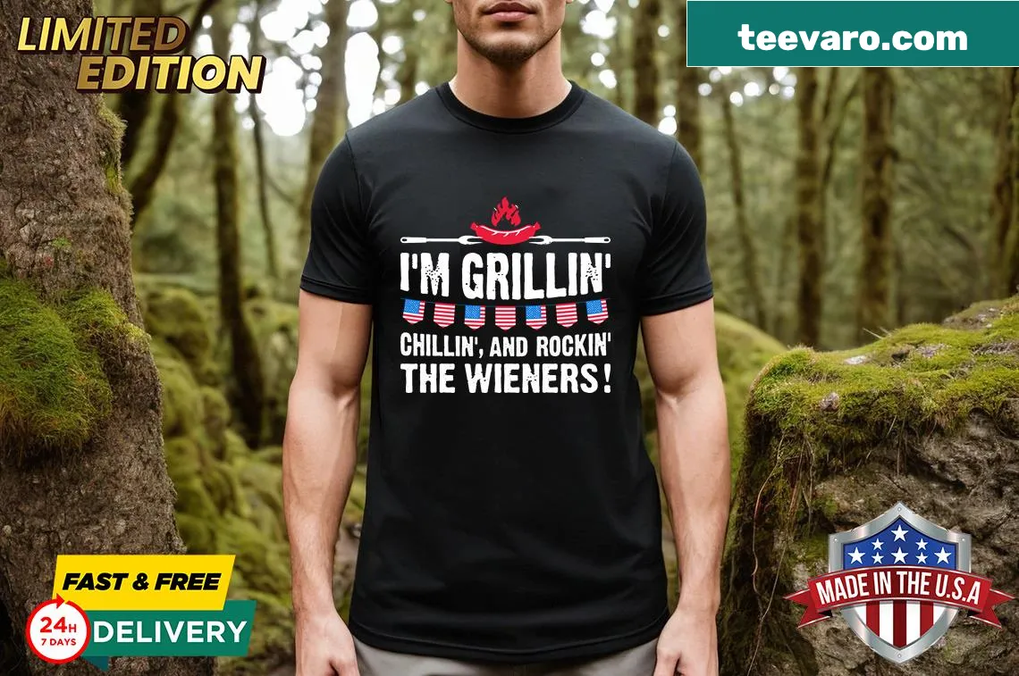 T-shirt featuring the phrase Just Here For The Wieners for July 4th — on a men's t-shirt