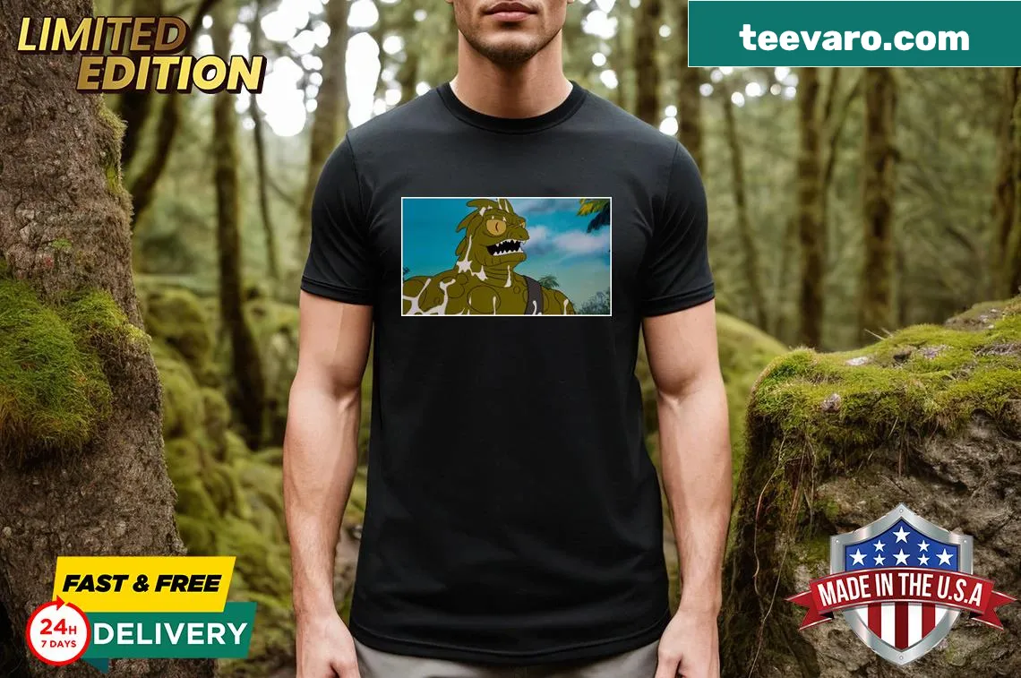 Illustrative swamp monster design from Jonny Quest on a T-shirt — on a men's t-shirt