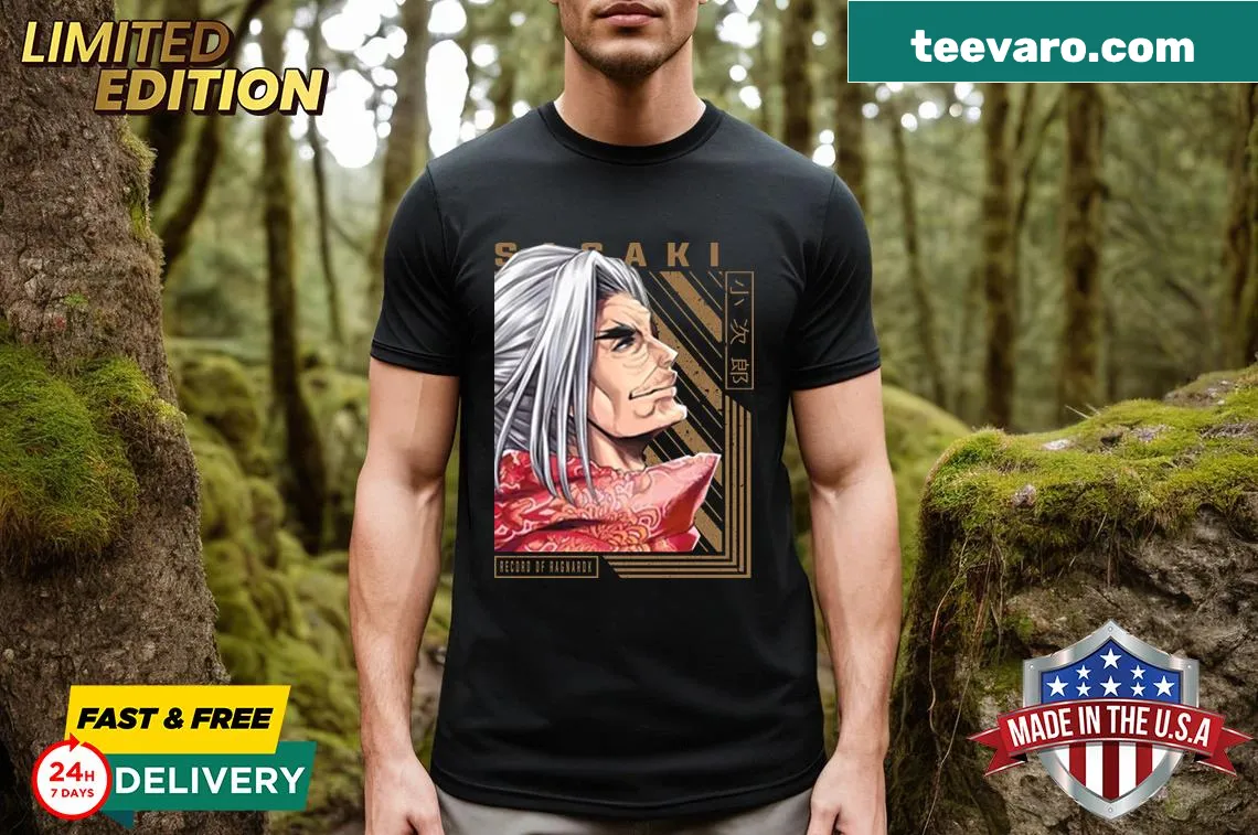 Cartoon-style t-shirt featuring Kojiro Sasaki from Record Of Ragnarok — on a men's t-shirt