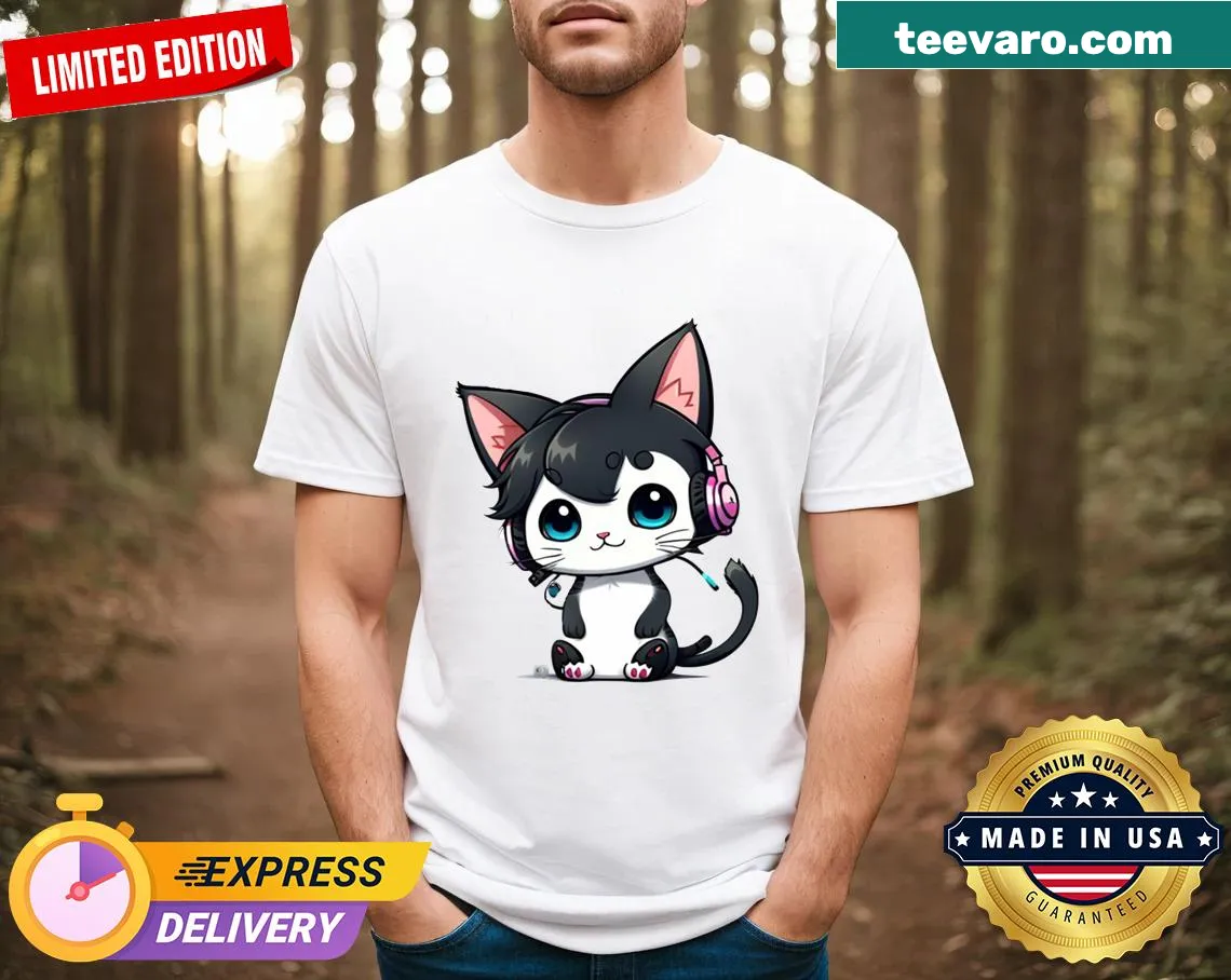 Kawaii kitten with headphones design on a cute T-shirt — on a men's t-shirt