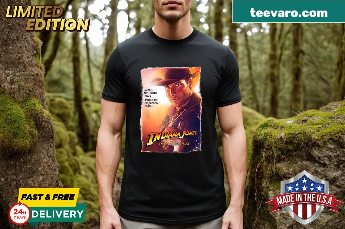 Indiana Jones Last Crusade poster art on a T-shirt — on a men's t-shirt