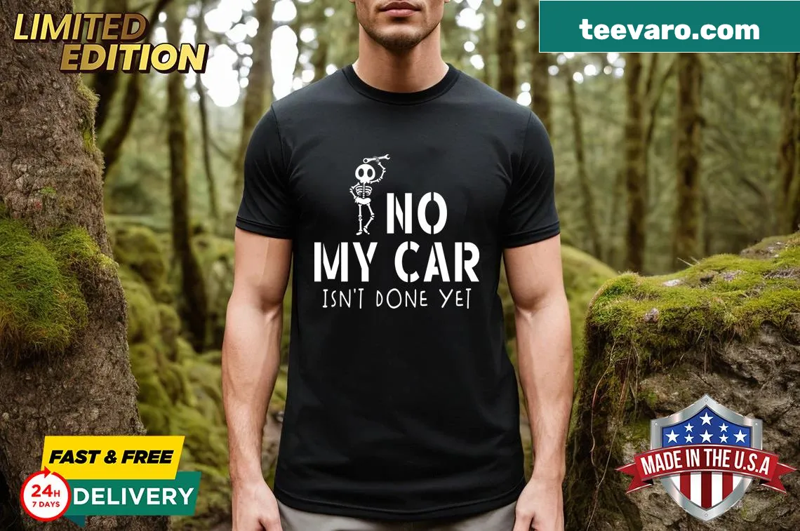 Skeleton mechanic graphic with a humorous text on a t-shirt — on a men's t-shirt