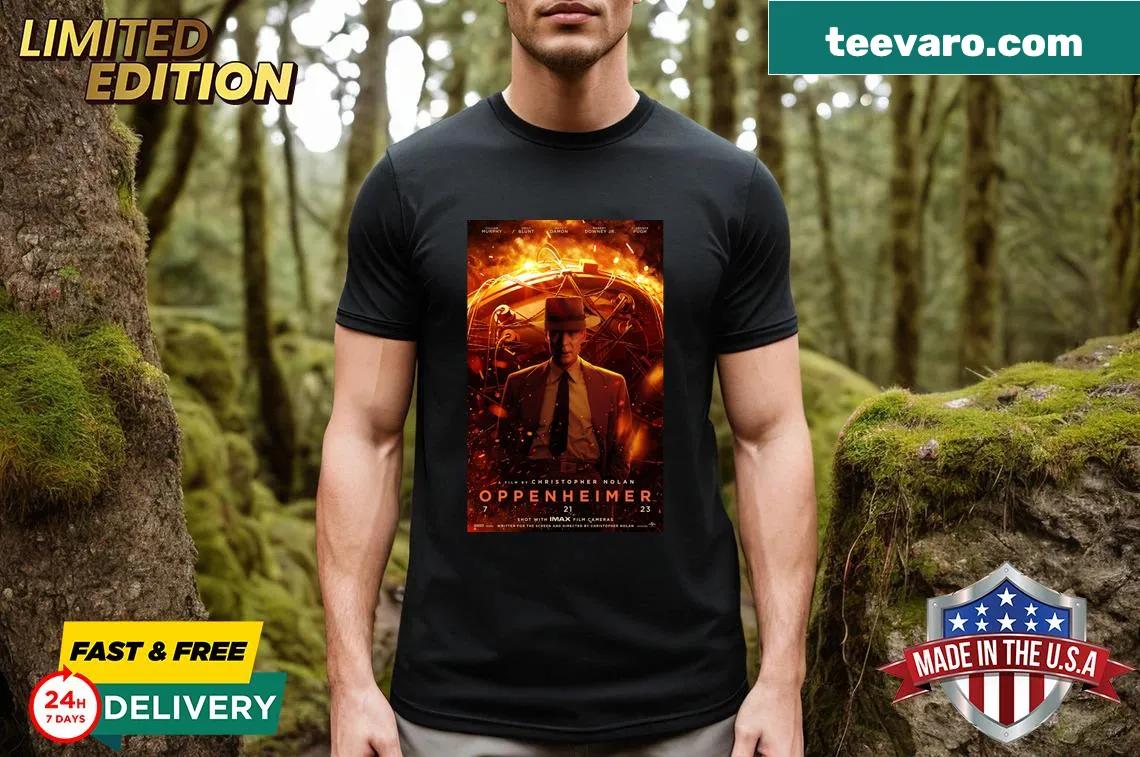 Illustrated design inspired by Oppenheimer 2023 poster on a T-shirt — on a men's t-shirt