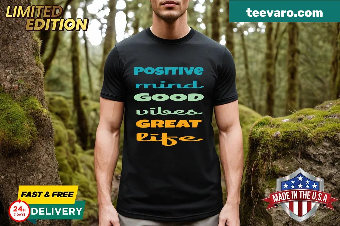 Positive Mind T-shirt with inspiring text — on a men's t-shirt