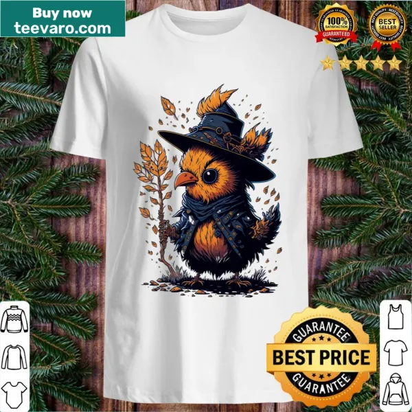 Whimsical autumn scarecrow and chicken illustration t-shirt